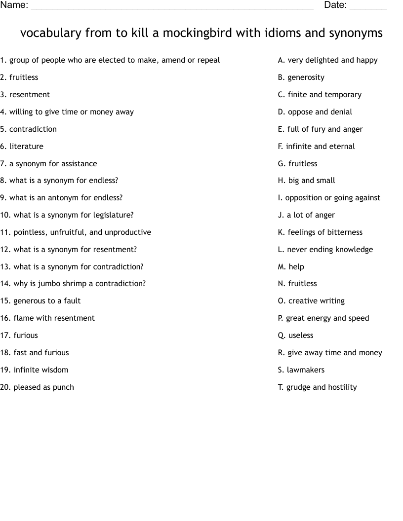 vocabulary from to kill a mockingbird with idioms and synonyms Worksheet