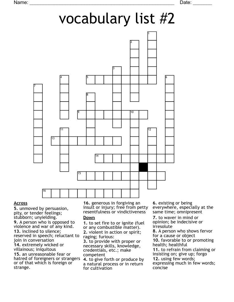 vocabulary list #2 Crossword