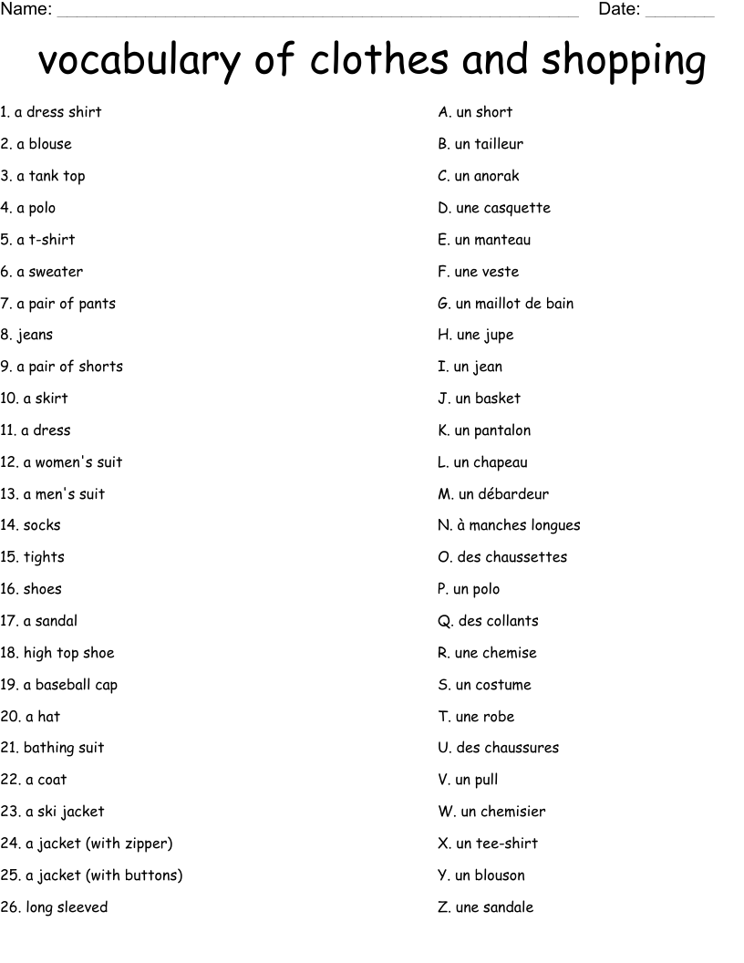 vocabulary of clothes and shopping Worksheet