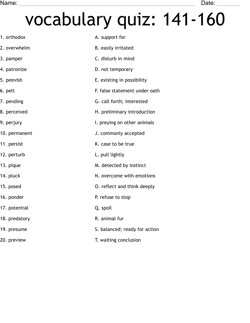 vocabulary quiz: 141-160 Worksheet