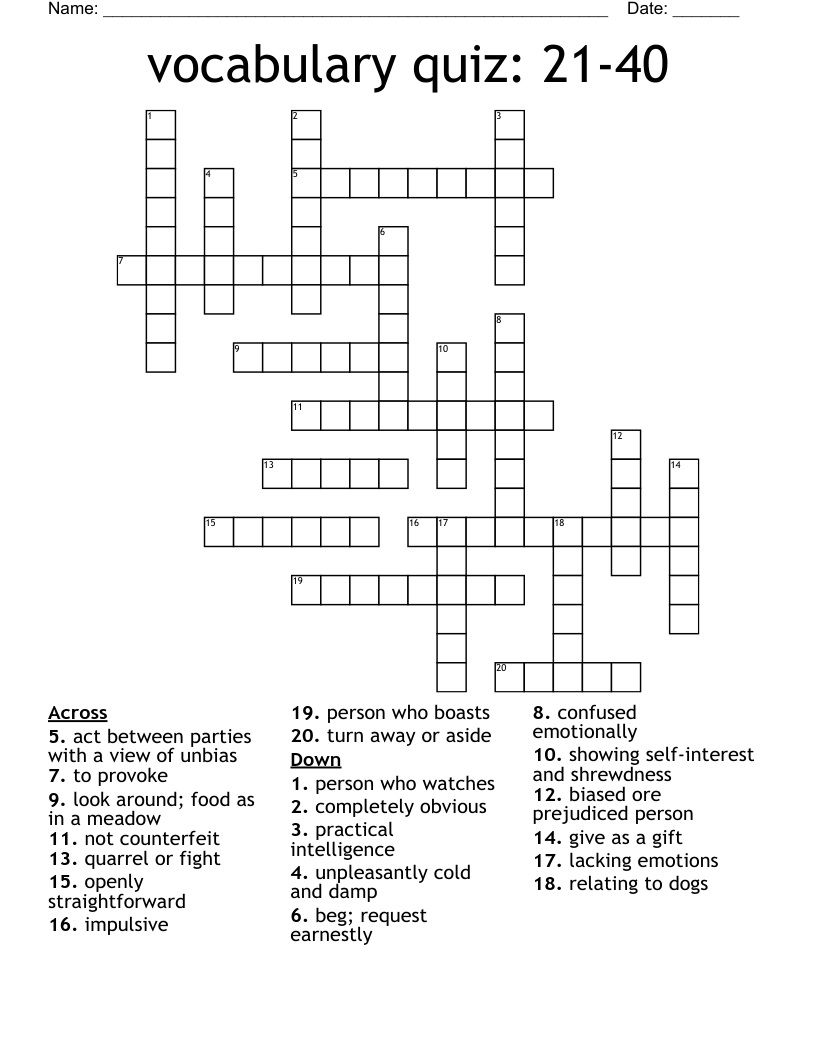 vocabulary quiz: 21-40 Crossword