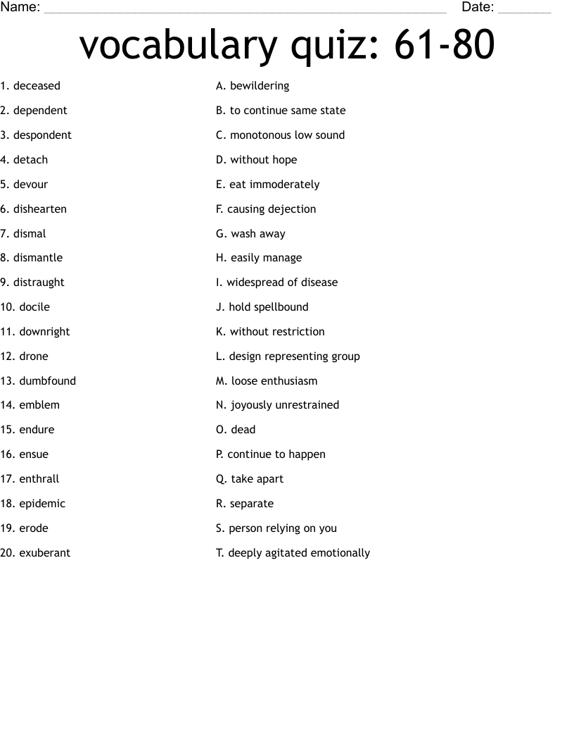 vocabulary quiz: 61-80 Worksheet