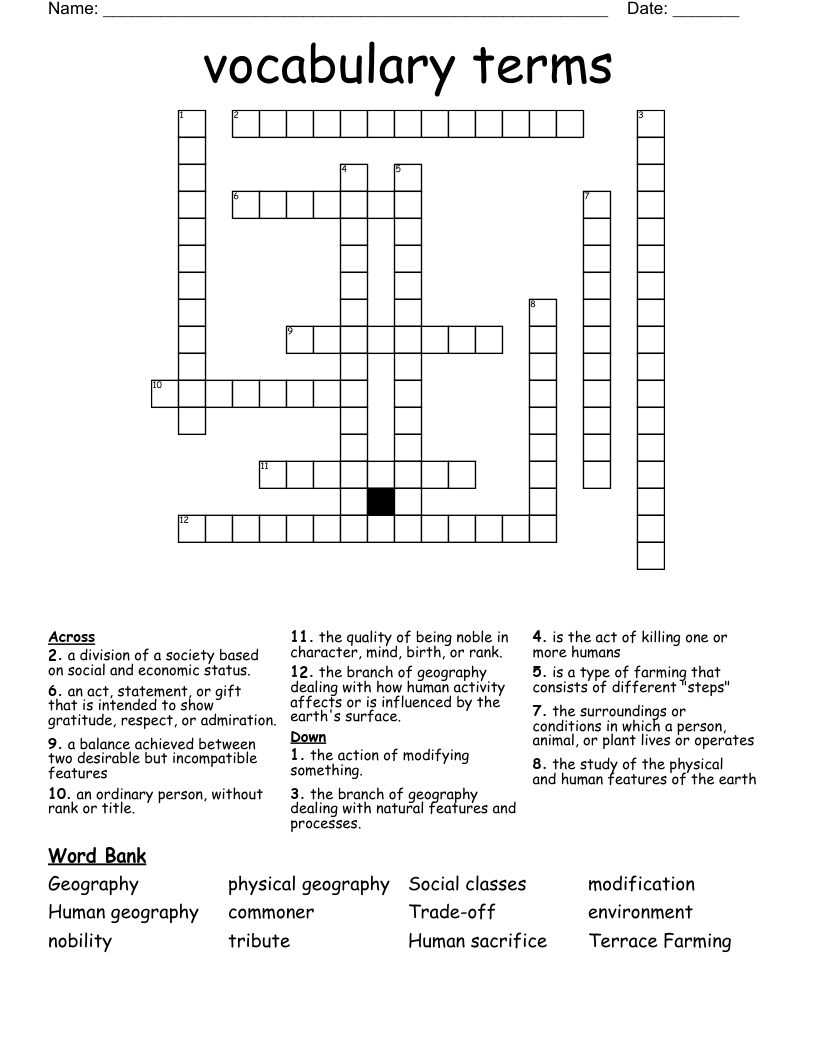 vocabulary terms Crossword