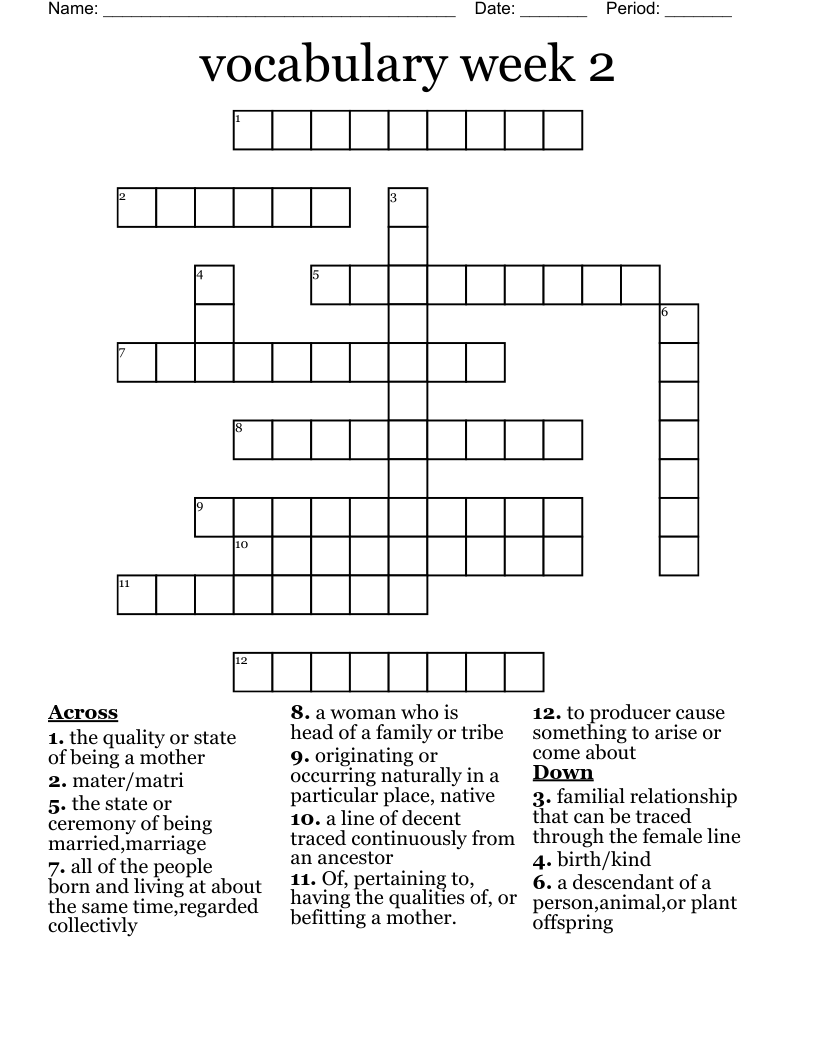 vocabulary week 2 Crossword