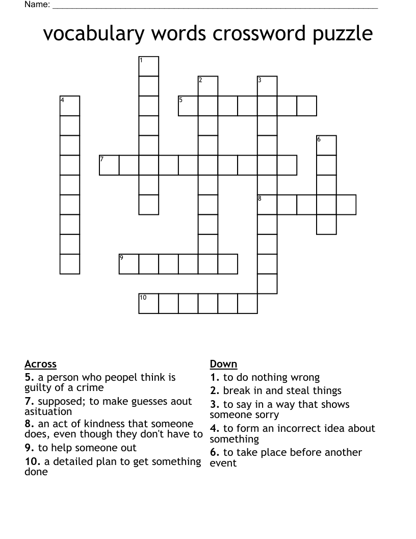 vocabulary words crossword puzzle