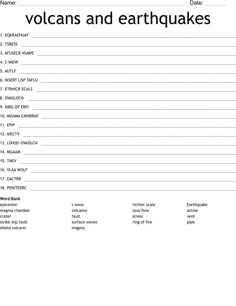 volcans and earthquakes Word Scramble