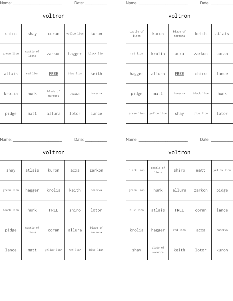 voltron Bingo Cards