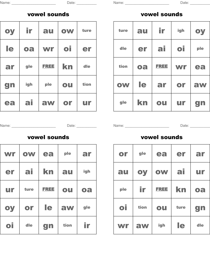 vowel sounds Bingo Cards
