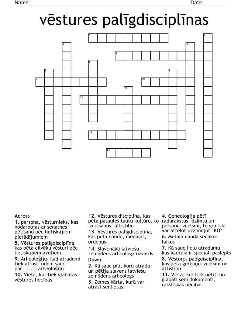 vēstures palīgdisciplīnas Crossword