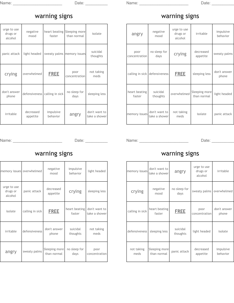 warning signs Bingo Cards