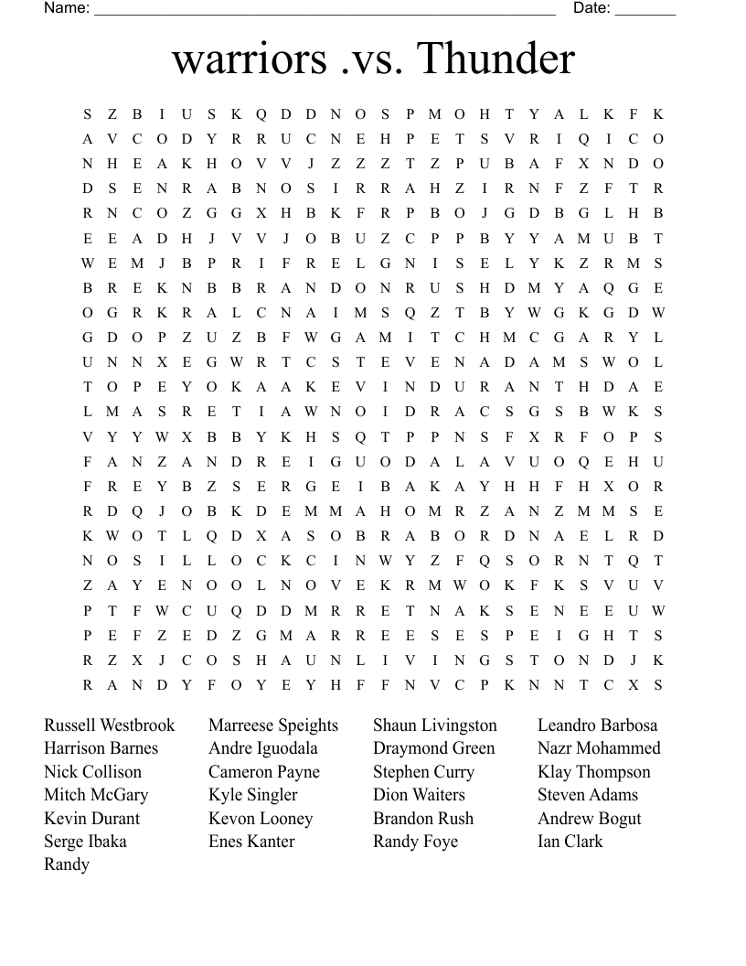 warriors .vs. Thunder Word Search