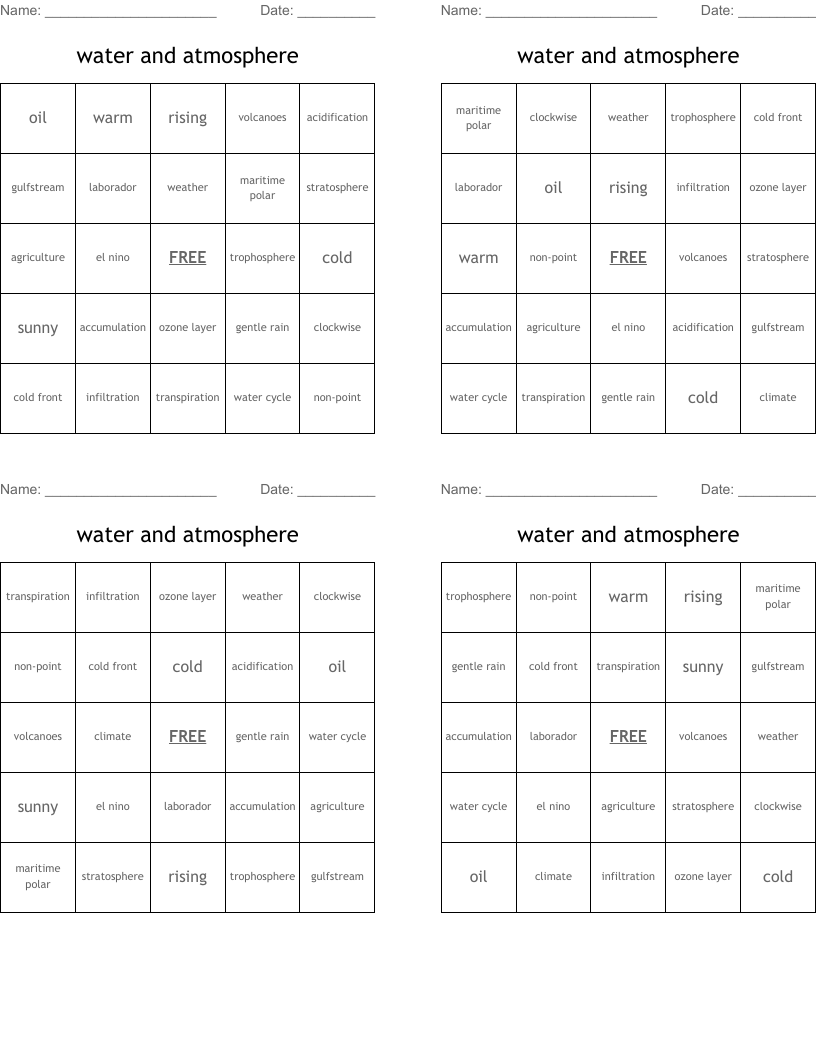 water and atmosphere Bingo Cards