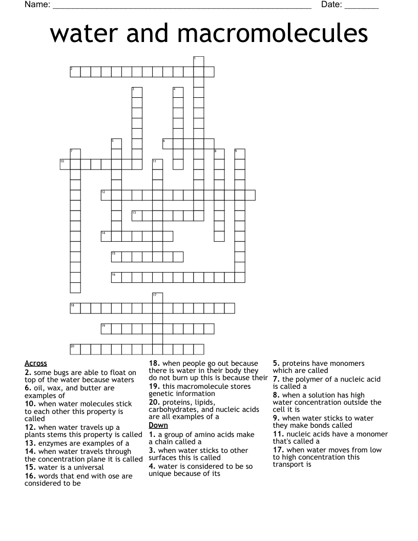 water and macromolecules Crossword