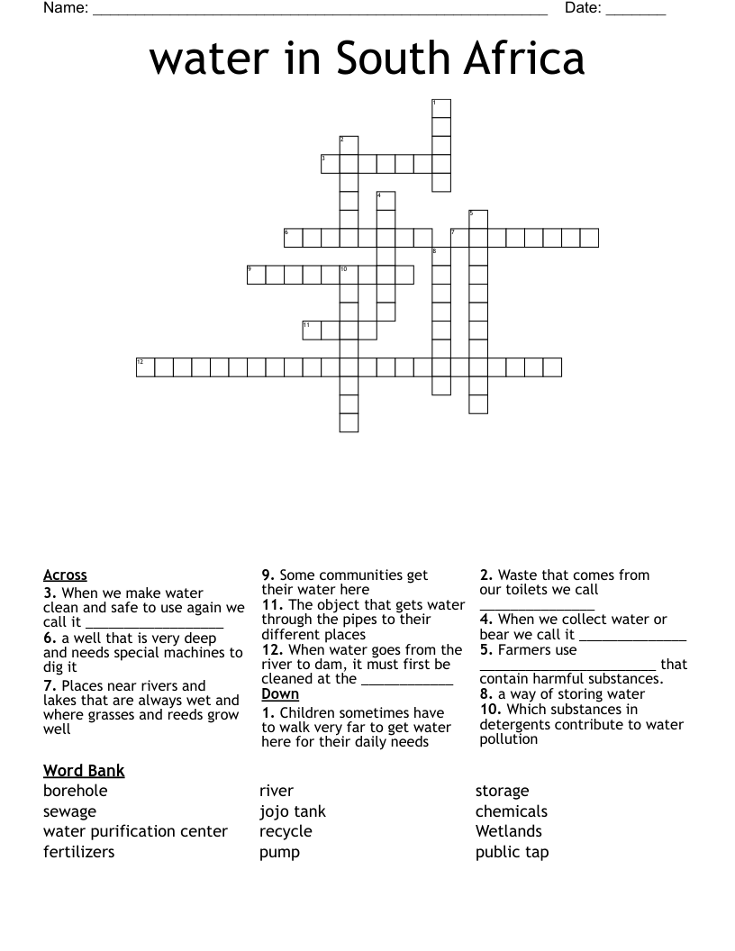 water in South Africa Crossword