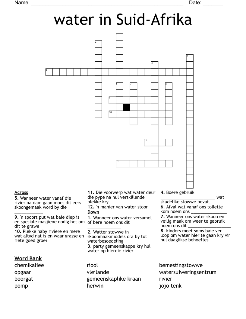 water in Suid-Afrika Crossword