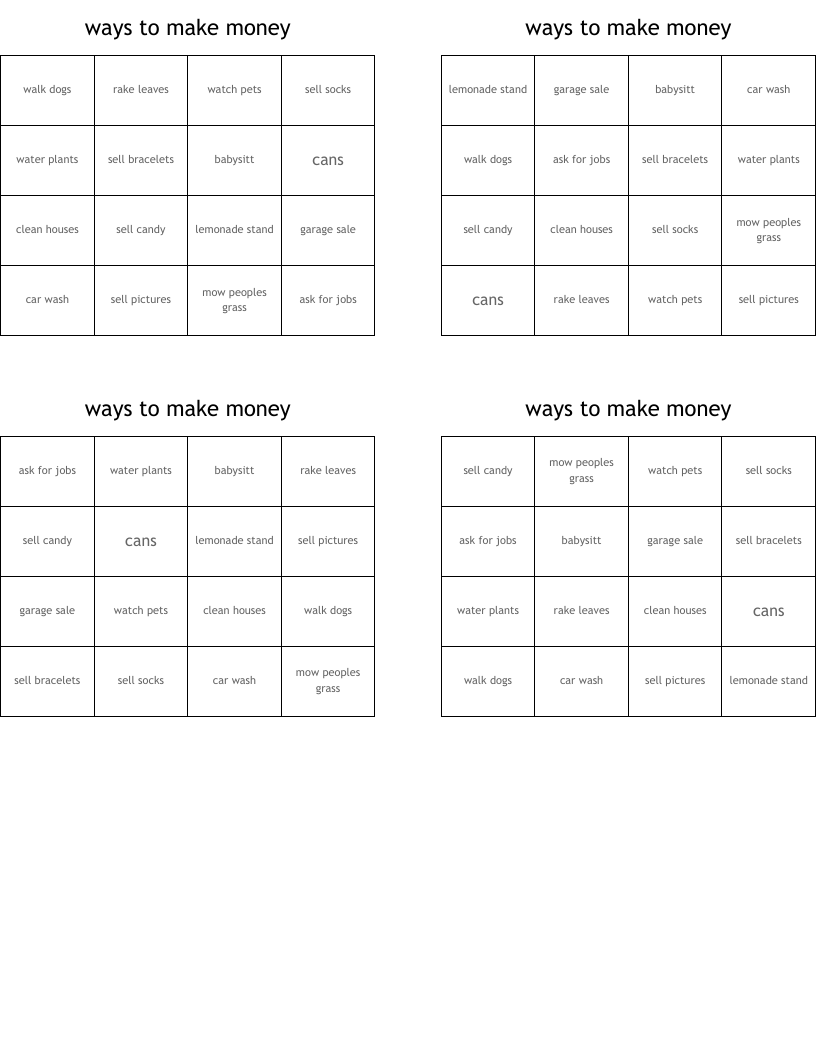 ways to make money Bingo Cards