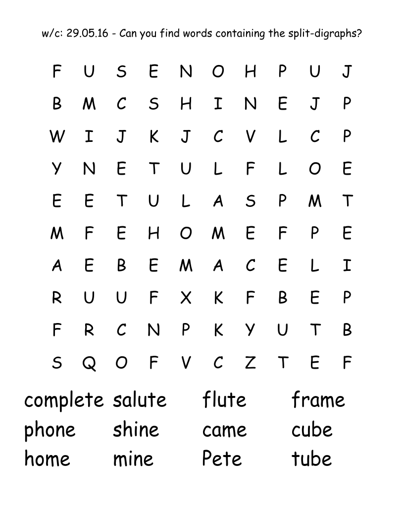 w/c: 29.05.16 - Can you find words containing the split-digraphs? Word Search