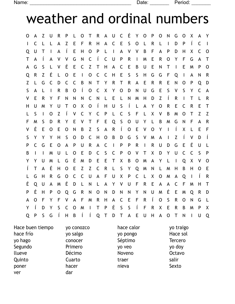 weather and ordinal  numbers Word Search