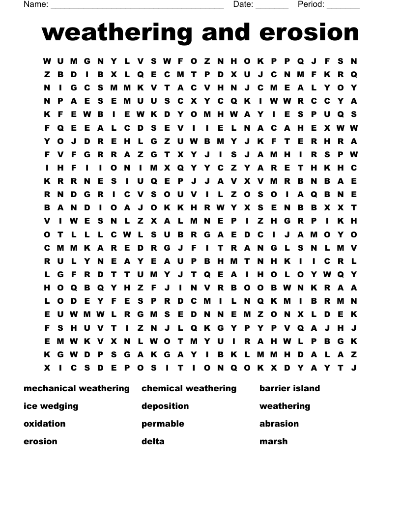 weathering and erosion Word Search