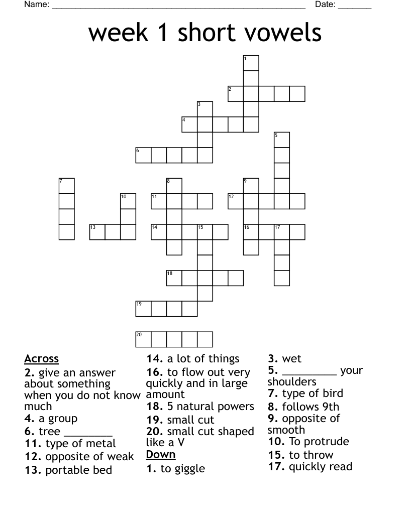 week 1 short vowels Crossword