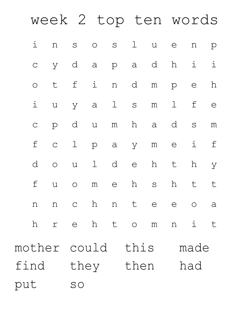 week 2 top ten words Word Search