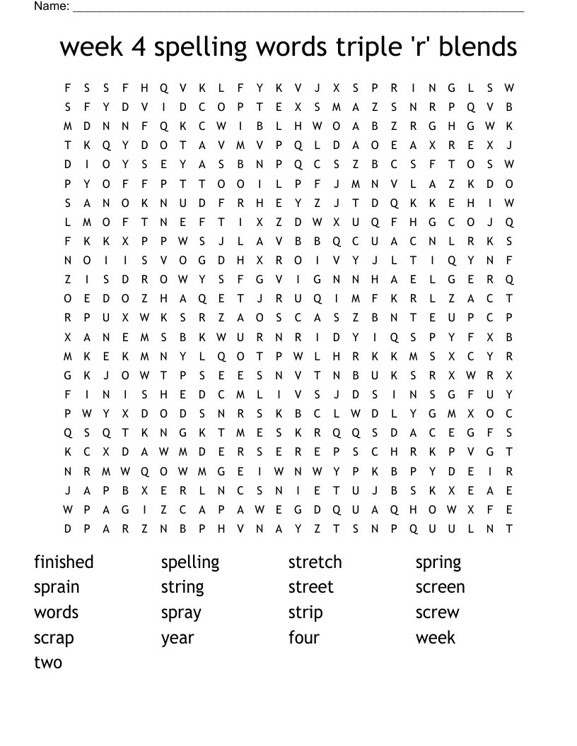 week 4 spelling words triple 'r' blends Word Search