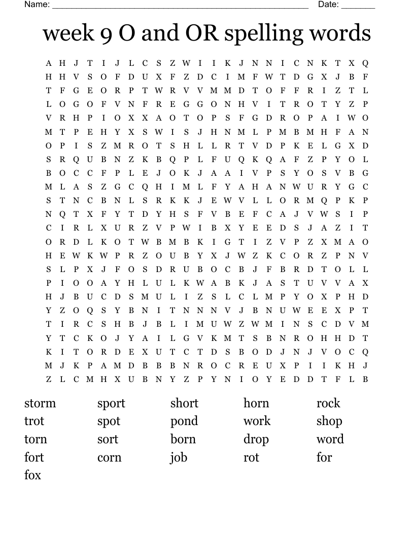 week 9 O and OR spelling words Word Search