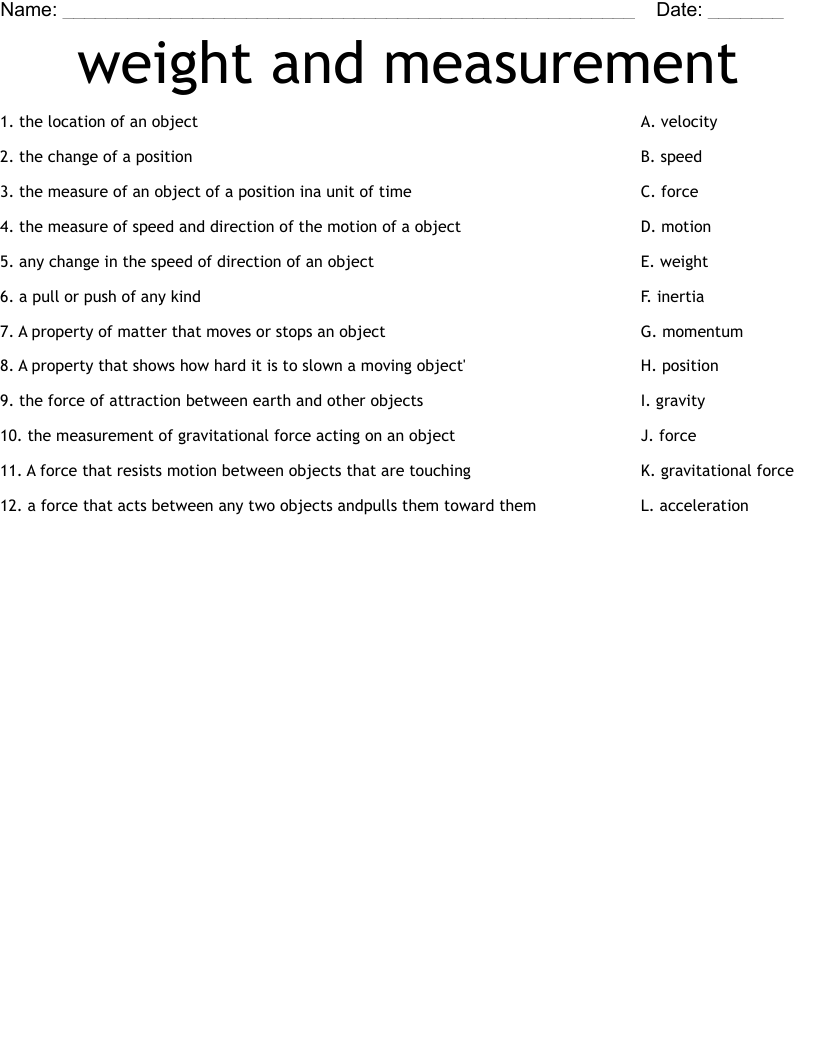 weight and measurement Worksheet