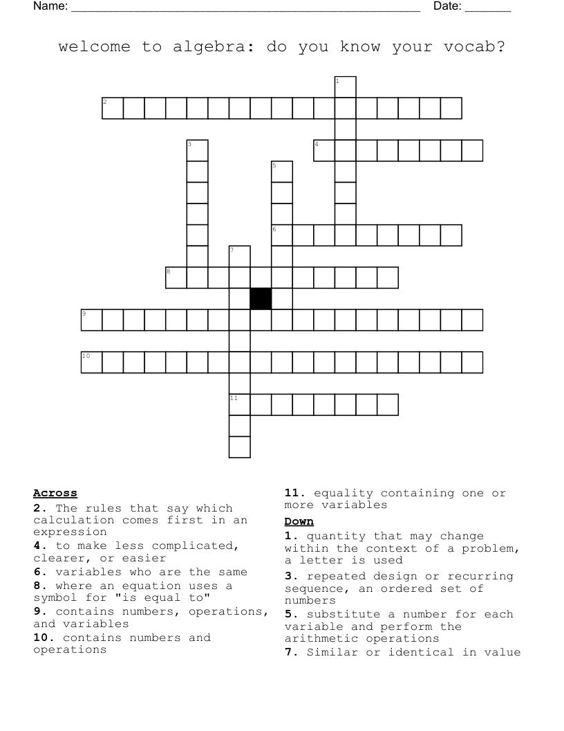 welcome to algebra: do you know your vocab? Crossword