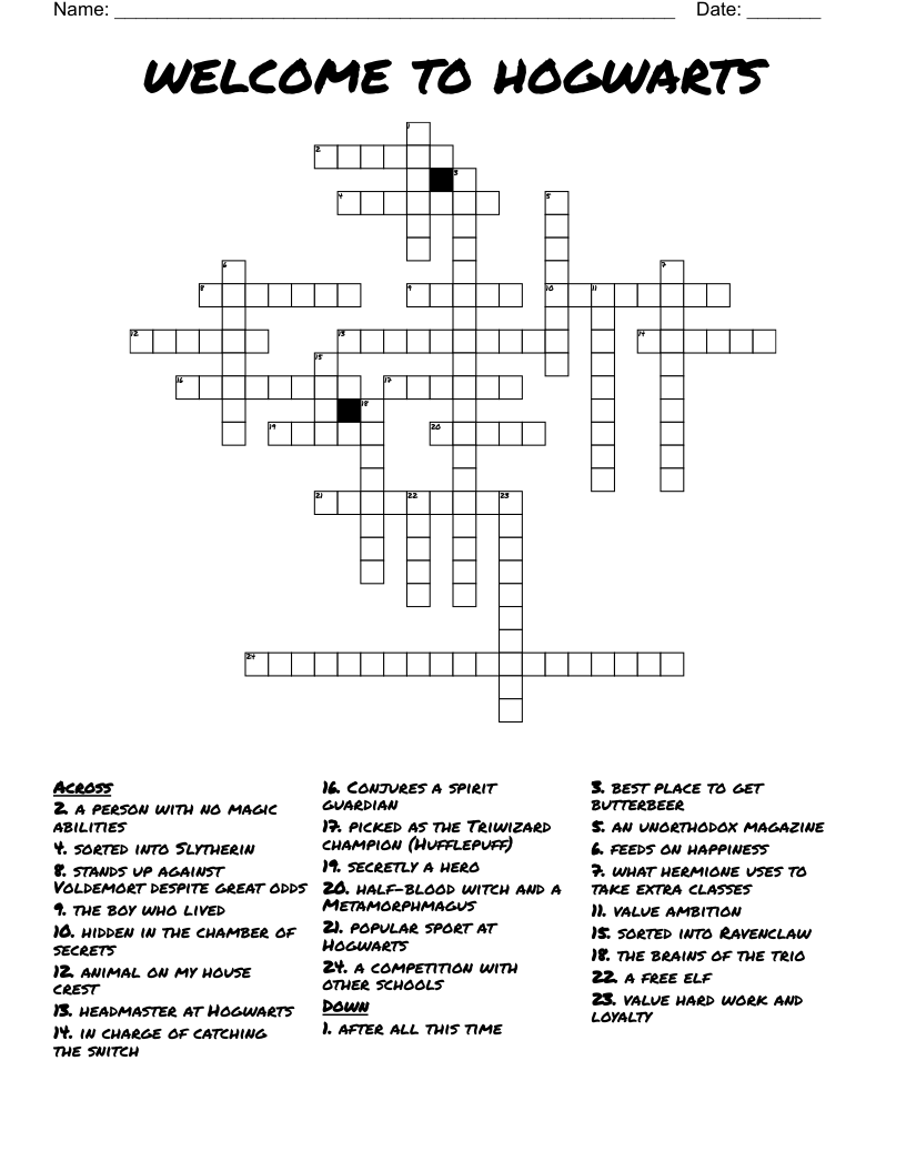 welcome to hogwarts Crossword