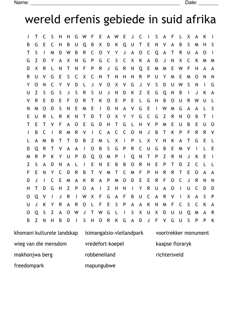 wereld erfenis gebiede in suid afrika Word Search
