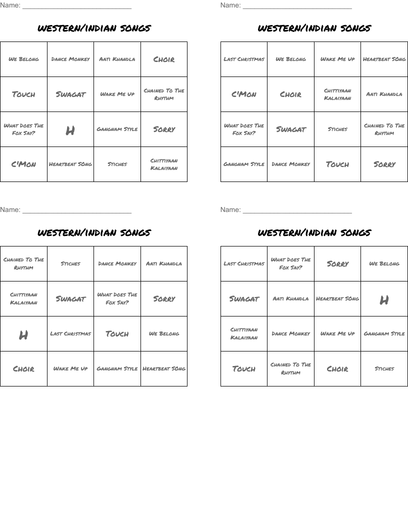western/indian songs Bingo Cards