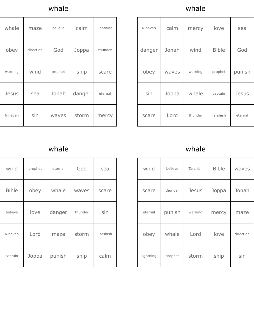whale Bingo Cards