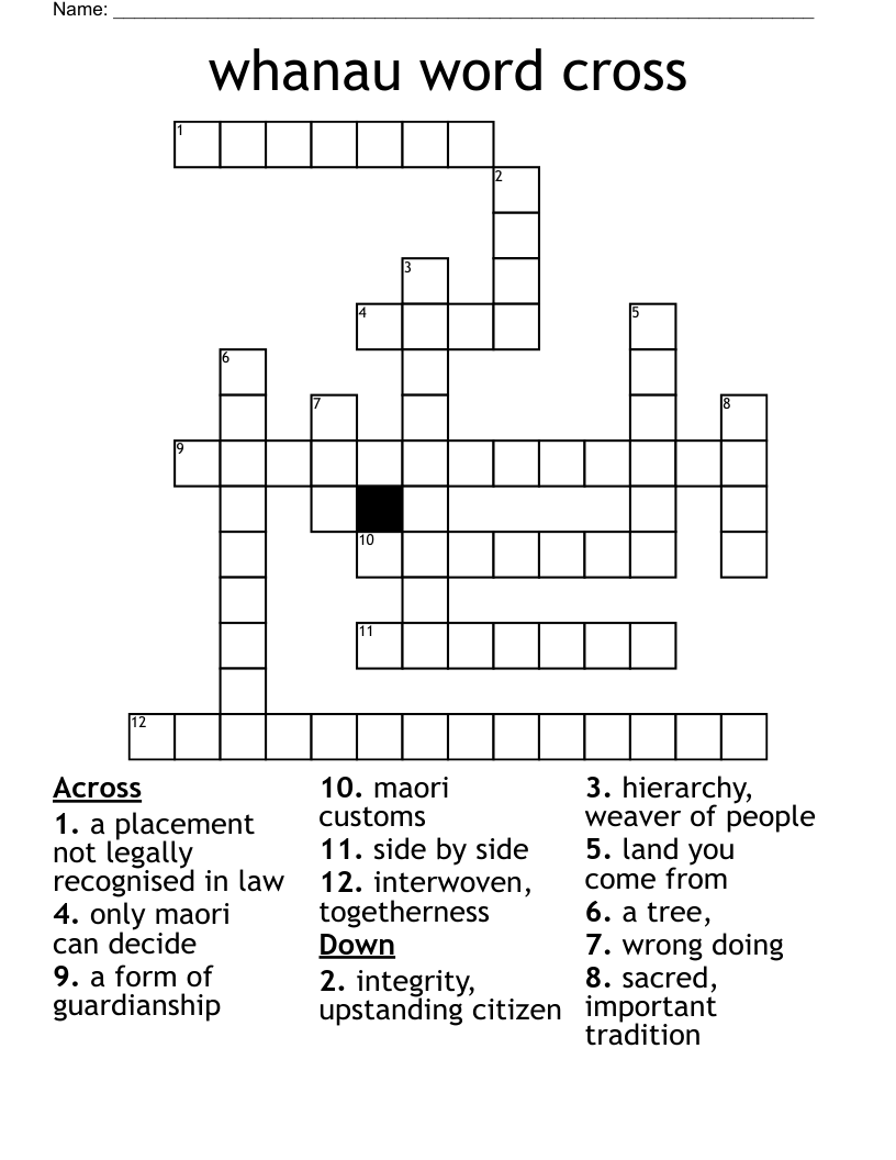 whanau word cross Crossword