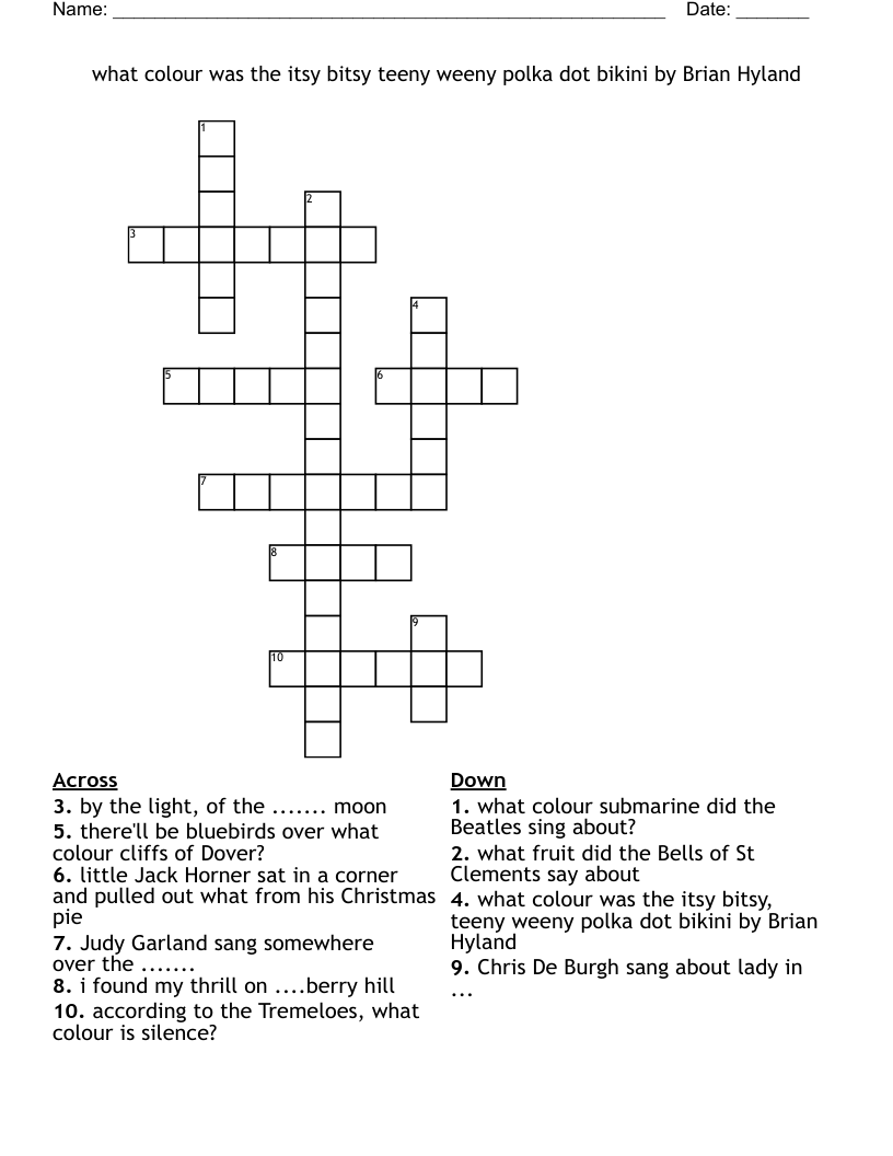 what colour was the itsy bitsy teeny weeny polka dot bikini by Brian Hyland Crossword
