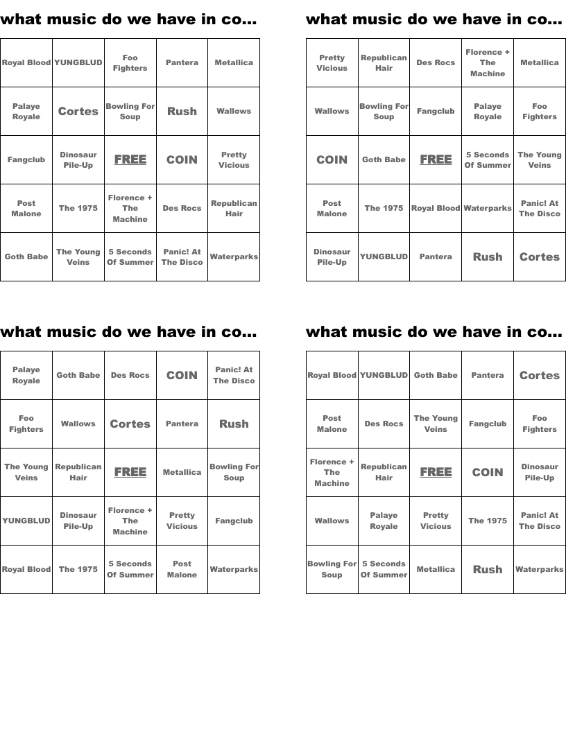 what music do we have in common? Bingo Cards