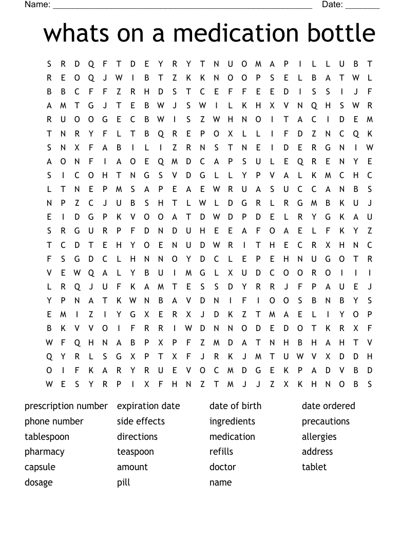 whats on a medication bottle Word Search