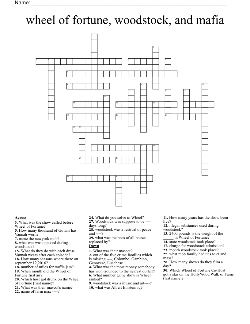 wheel of fortune, woodstock, and mafia Crossword