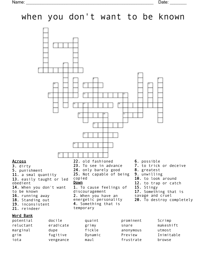 when you don't want to be known Crossword