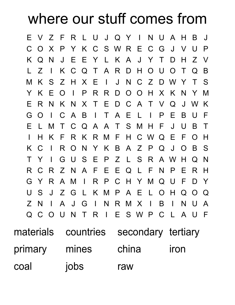 where our stuff comes from  Word Search