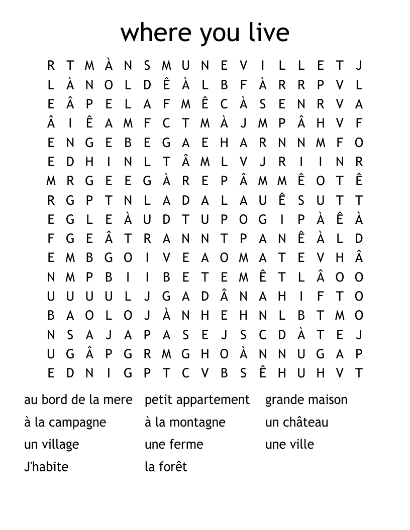 where you live Word Search