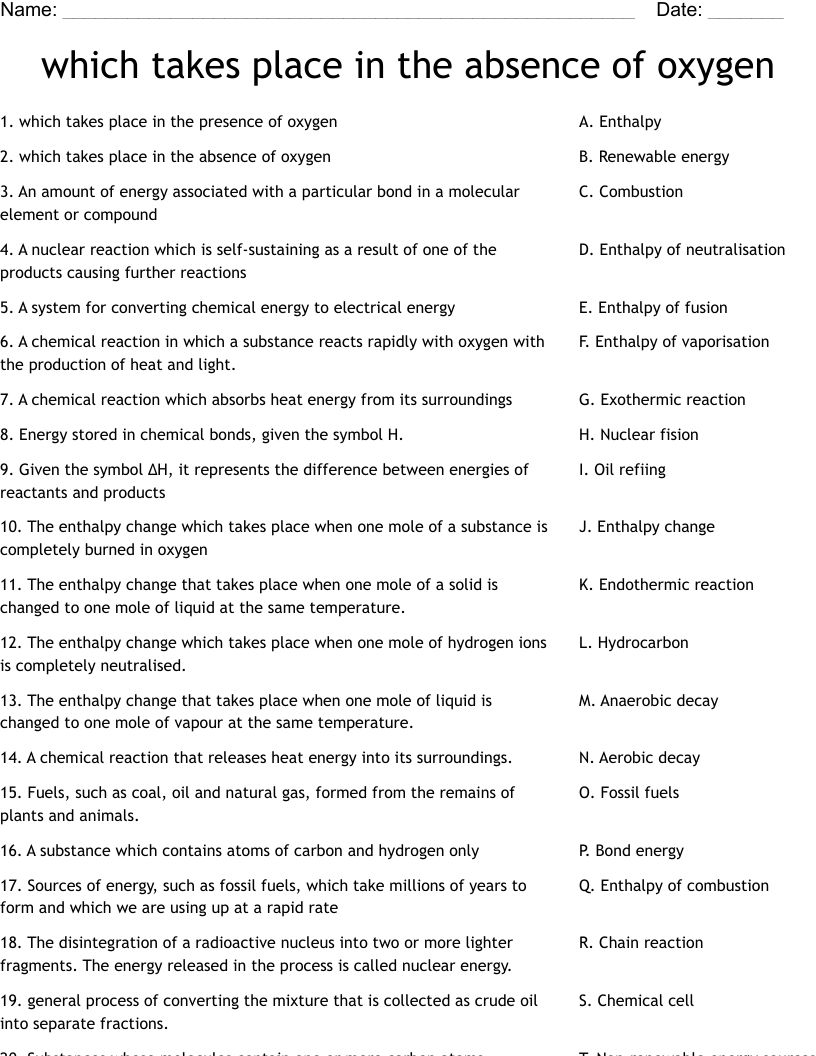 which takes place in the absence of oxygen Worksheet