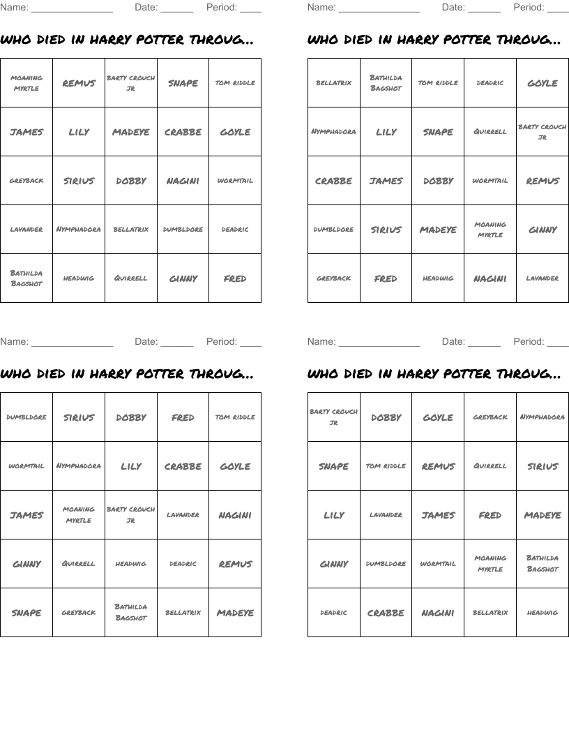 who died in harry potter through the seiries Bingo Cards