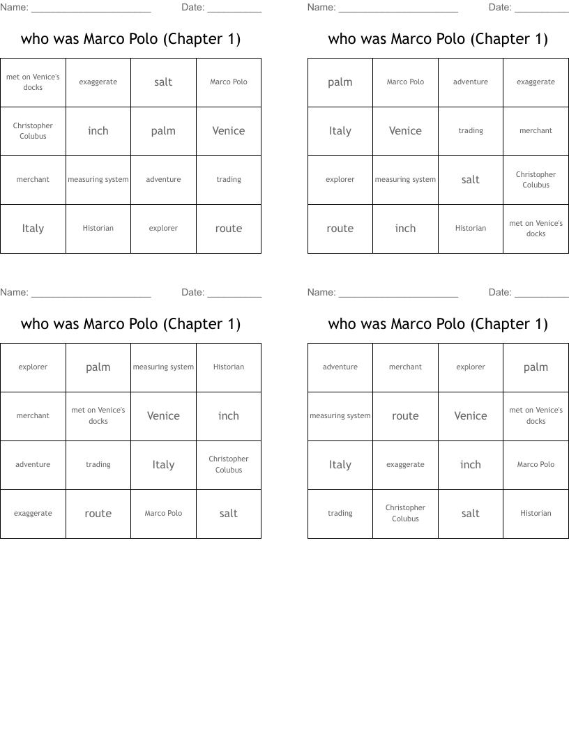 who was Marco Polo (Chapter 1) Bingo Cards