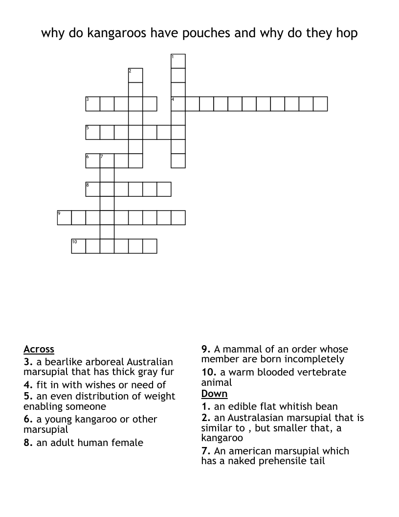 why do kangaroos have pouches and why do they hop Crossword