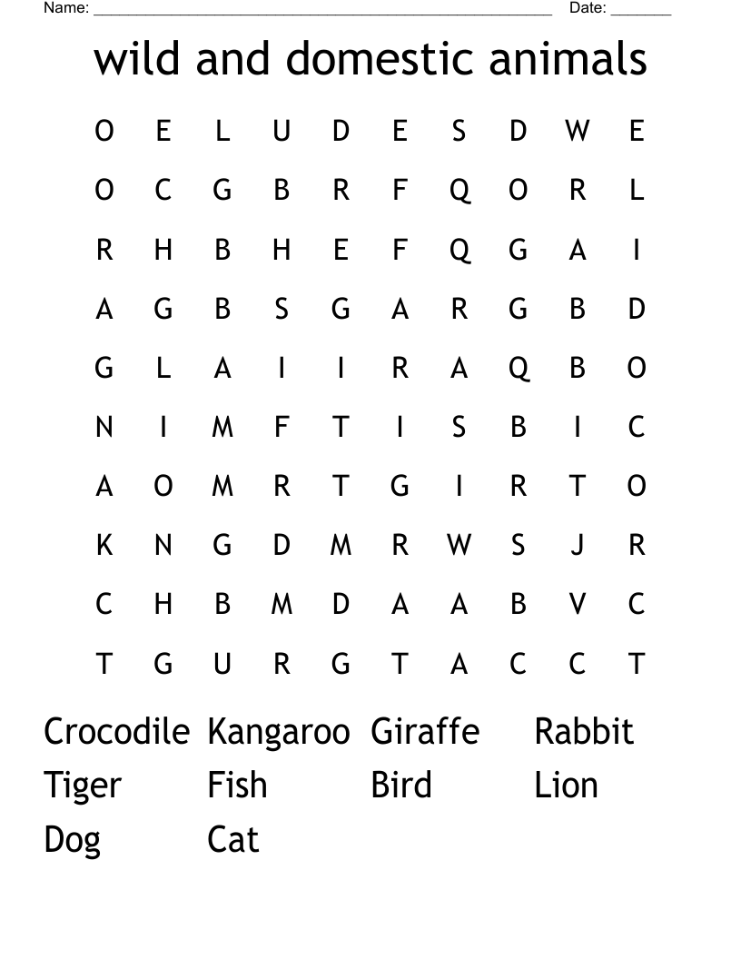 wild and domestic animals Word Search