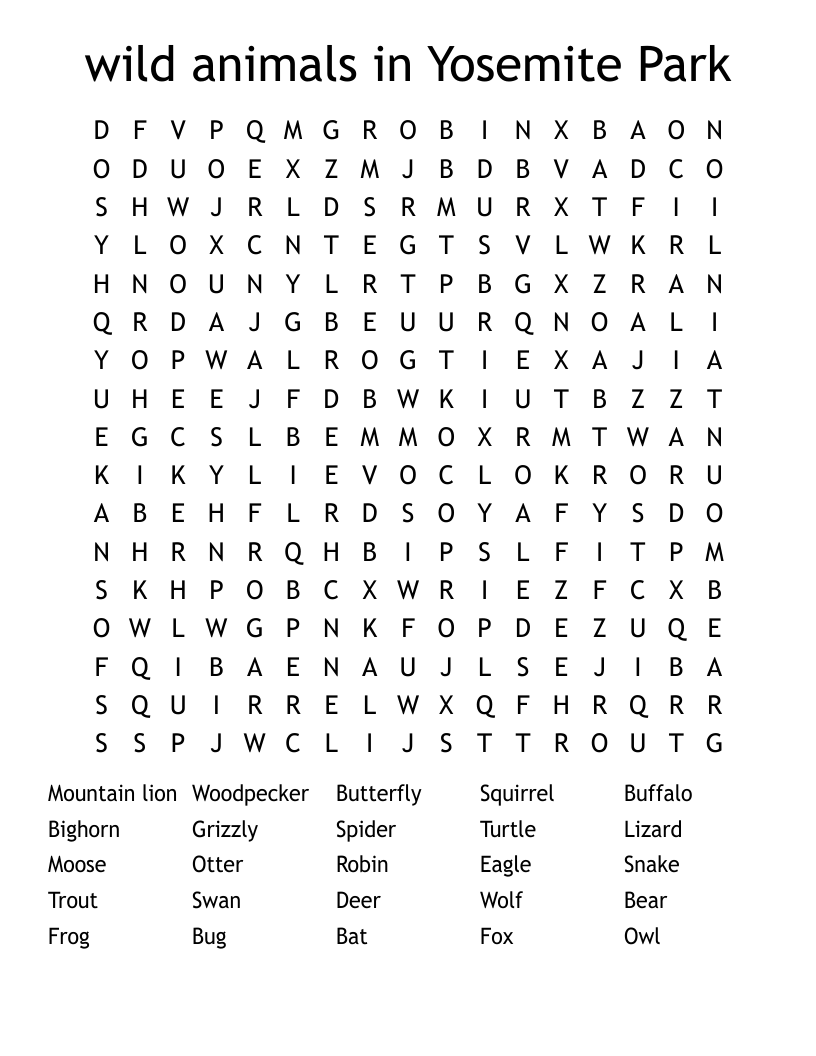 wild animals in Yosemite Park Word Search