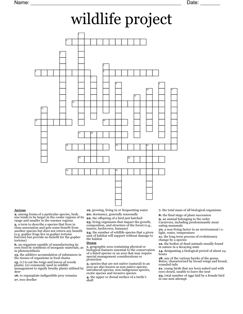 wildlife project Crossword