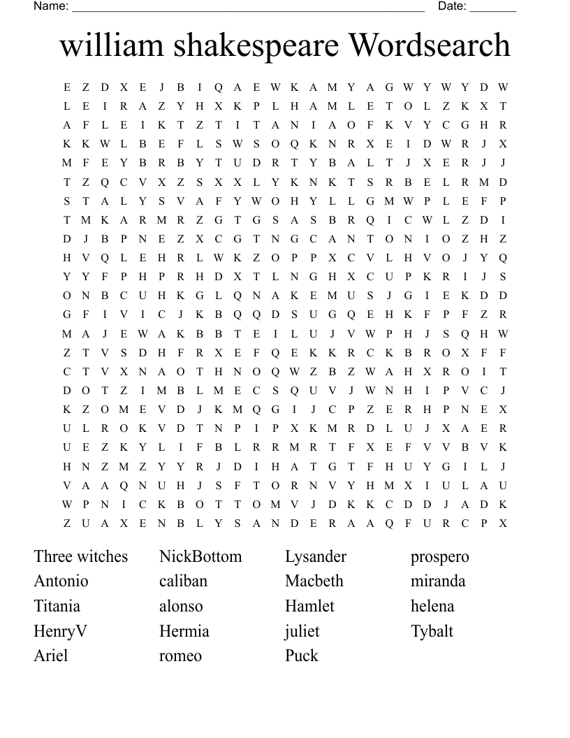 william shakespeare Wordsearch