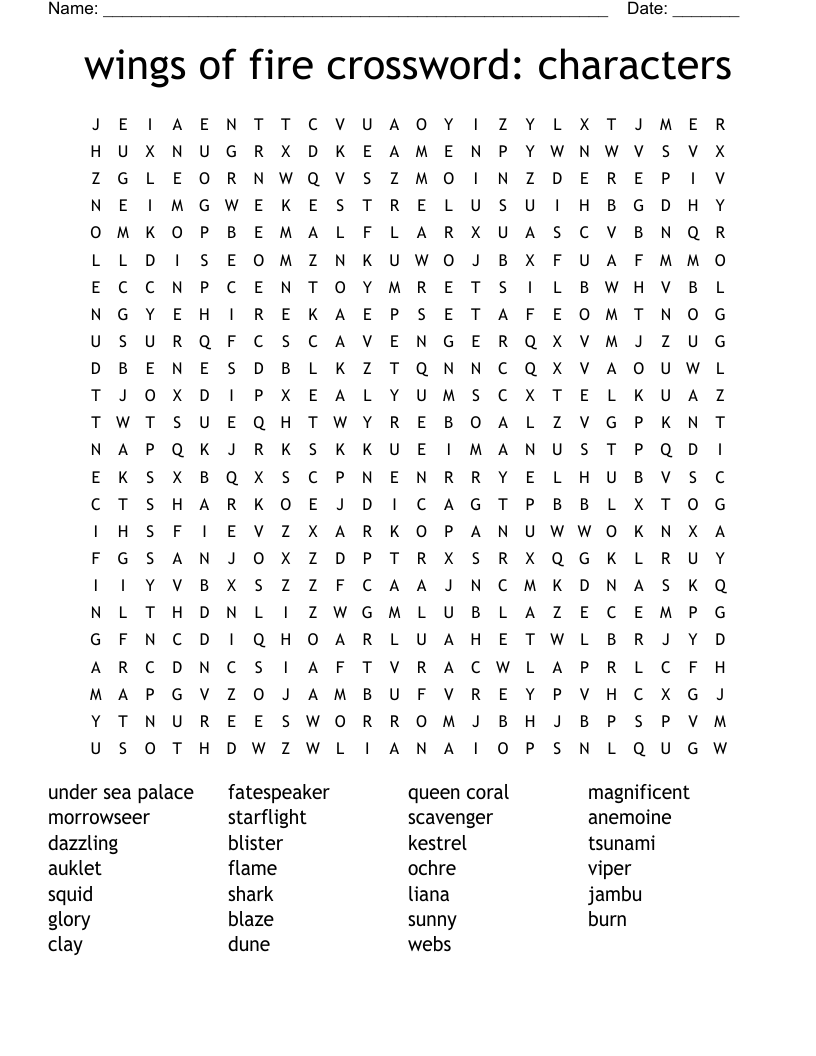 wings of fire crossword: characters Word Search